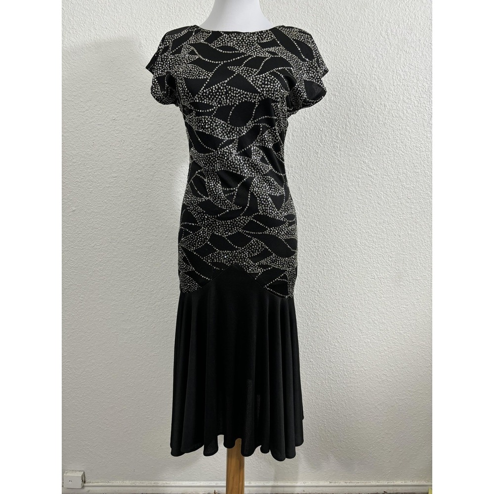 Vintage Drop Waist Dress Womens Small Black Silver Sparkle Flapper 80s Made‎ USA